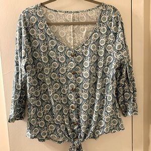 LOFT blue floral button front tie top